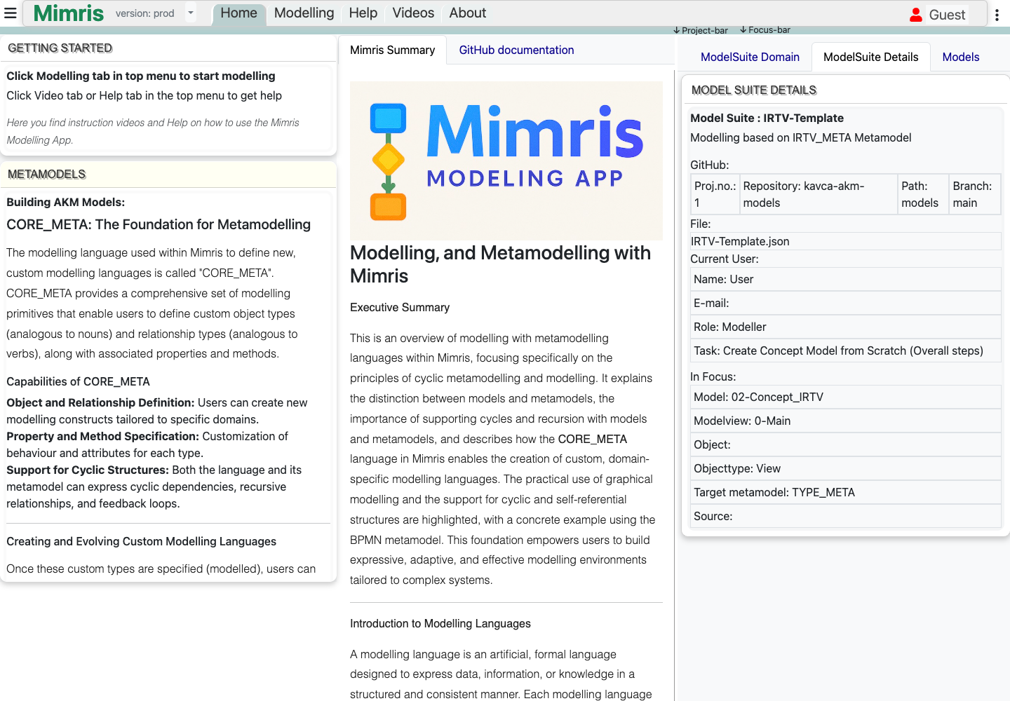 Mimris modelling app interface